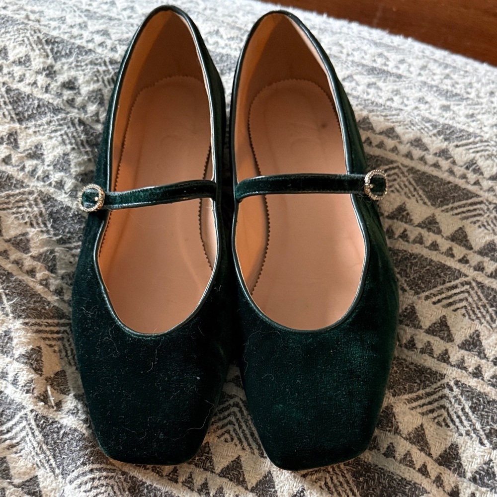 J. Crew Dark Green Velvet Mary Jane Flats